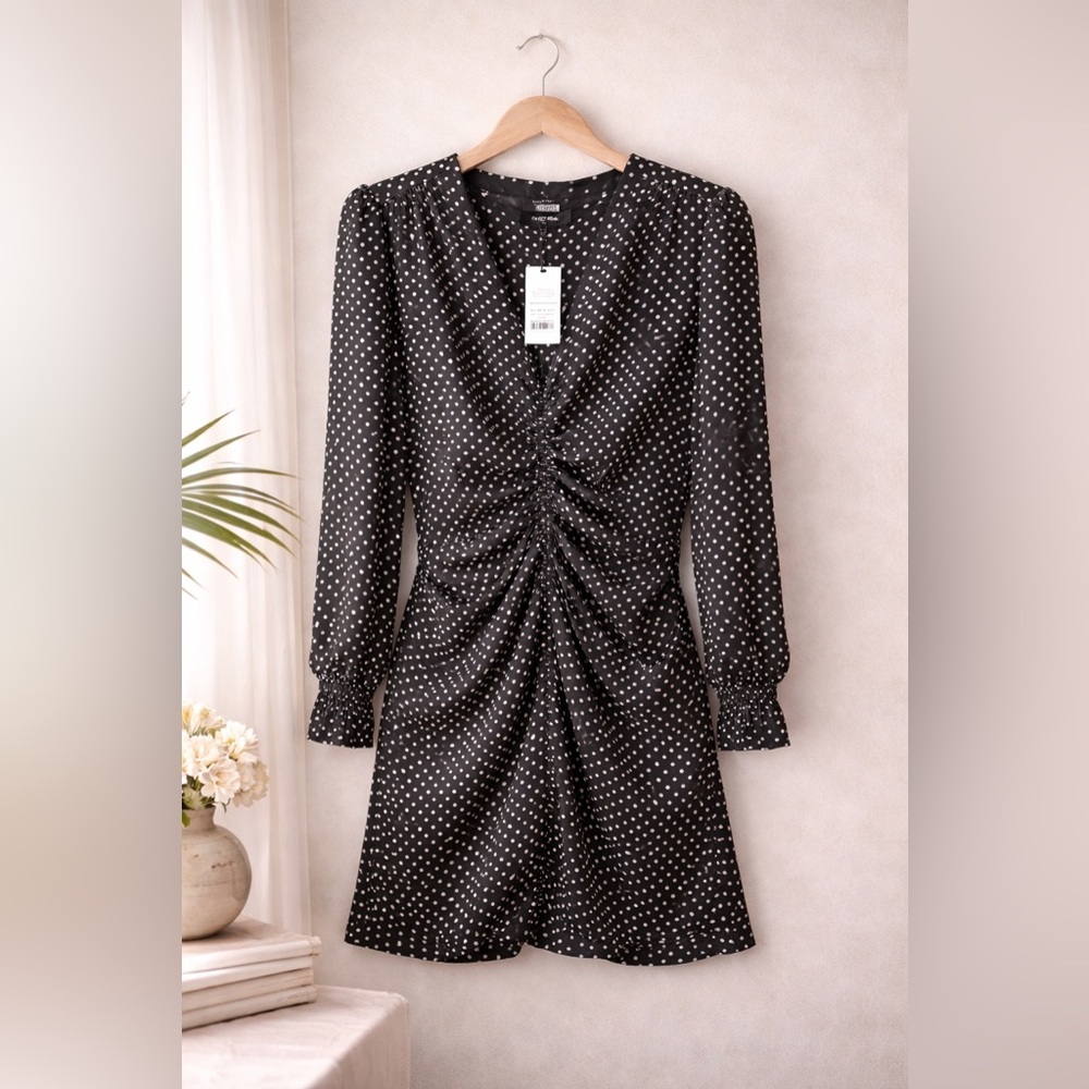 ME+EM Polka Dot Ruched Long Sleeve Dress Shoulder Pads NWT Size 12